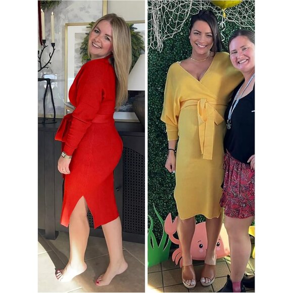 Women's Sweater Dress Wrap Batwing V Neck Slit Bodycon Dress with Belt Yellow - Picture 7 of 7